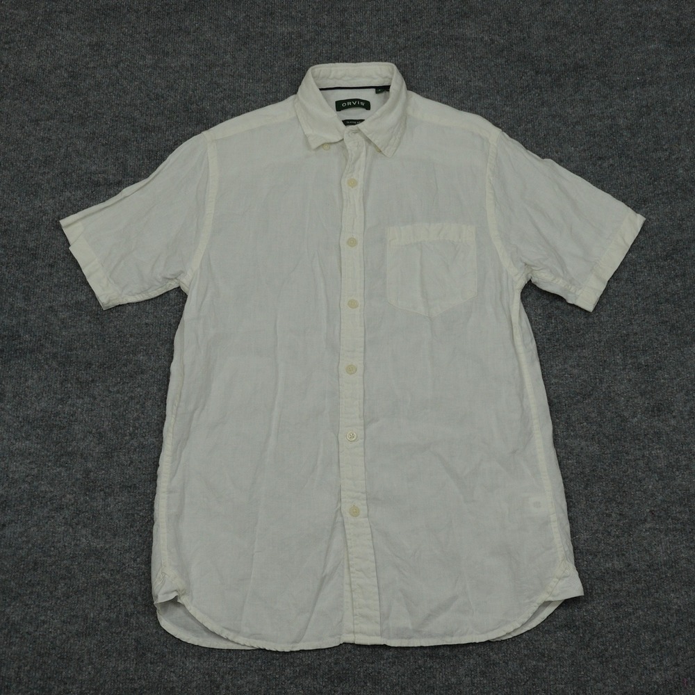 Orvis Shirt Mens Small White 100% Linen Classic Fit Short Sleeve Button Down